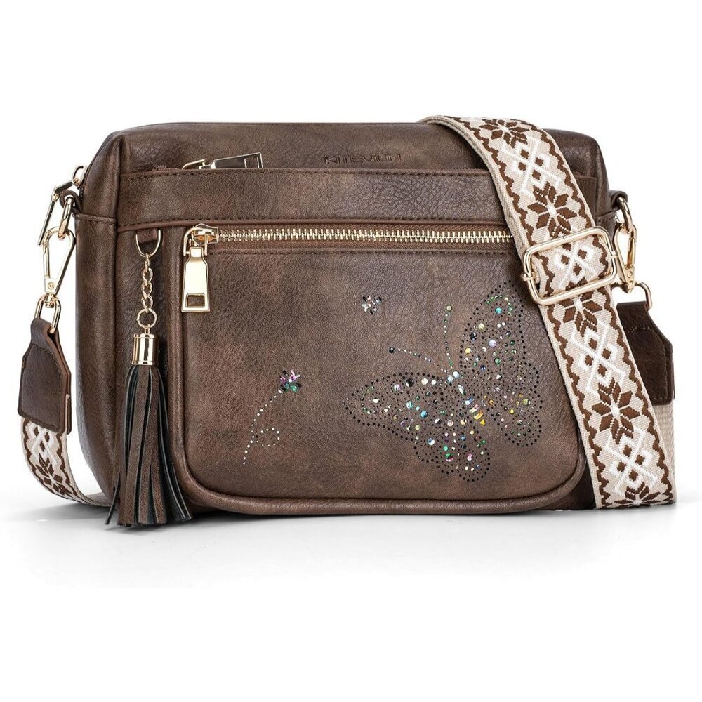 Women’s 06-coffee Leather Purse Crossbody Bag Handbags Butterfly Design